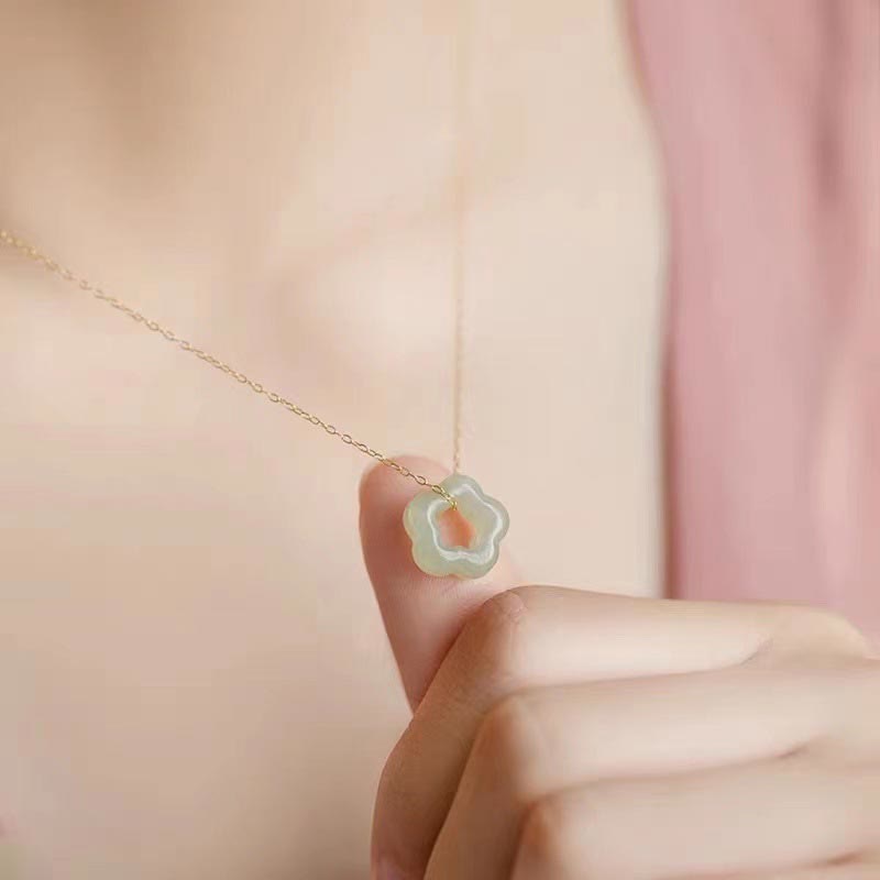 Dainty Hetian Jade Cyan Jade Luck Floral Charm Necklace Pendant