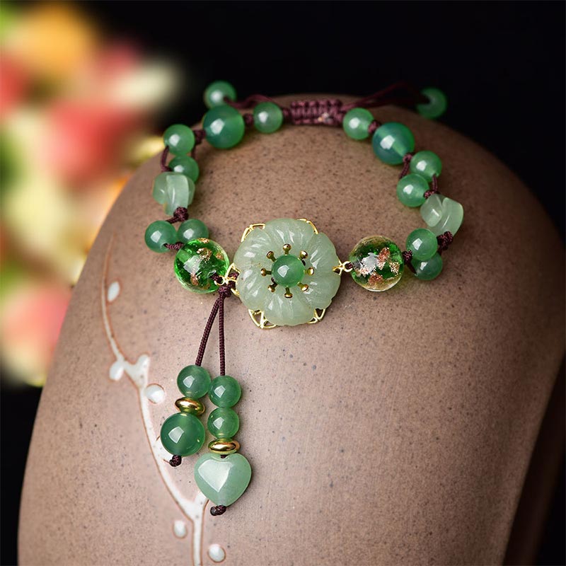 Pulsera de flores colgantes de la suerte de jade verde natural