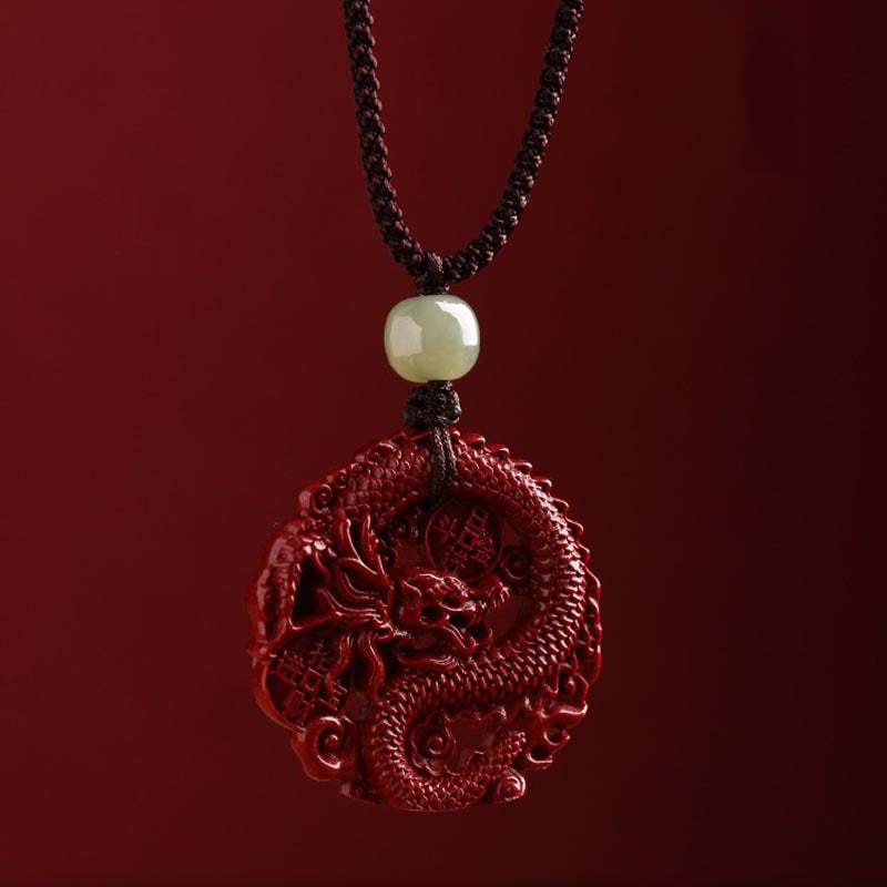 Year Of The Dragon Natural Cinnabar Hetian Jade Bead Copper Coin Attract Wealth Strength Necklace Pendant