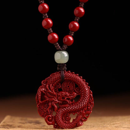 Year Of The Dragon Natural Cinnabar Hetian Jade Bead Copper Coin Attract Wealth Strength Necklace Pendant