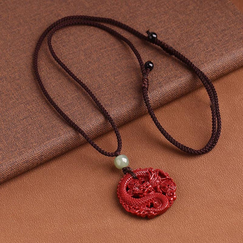 Year Of The Dragon Natural Cinnabar Hetian Jade Bead Copper Coin Attract Wealth Strength Necklace Pendant