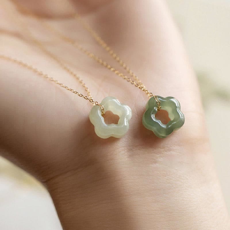 Dainty Hetian Jade Cyan Jade Luck Floral Charm Necklace Pendant