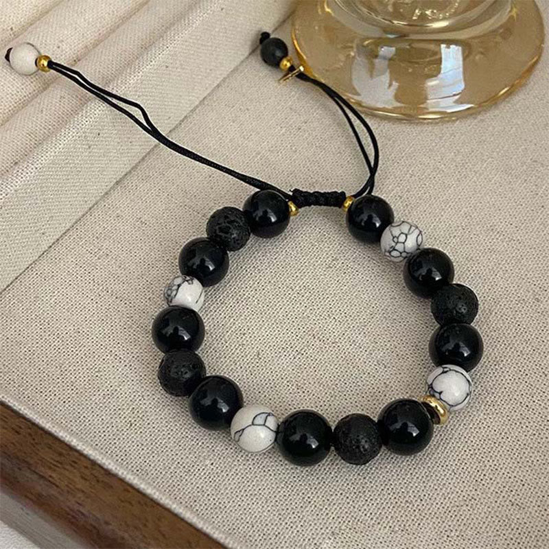 Black Obsidian Lava Rock Stone Yin Yang Strength Bracelet