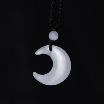 Natural Silver Sheen Obsidian Selenite Crystal Crescent Moon Yin Yang Couple Protection Necklace Pendant