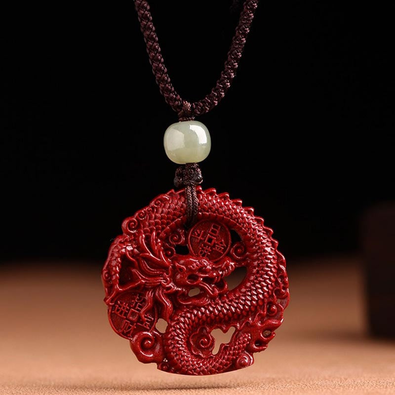 Año del dragón Natural cinabrio Hetian Jade cuenta moneda de cobre atraer riqueza fuerza COLLAR COLGANTE