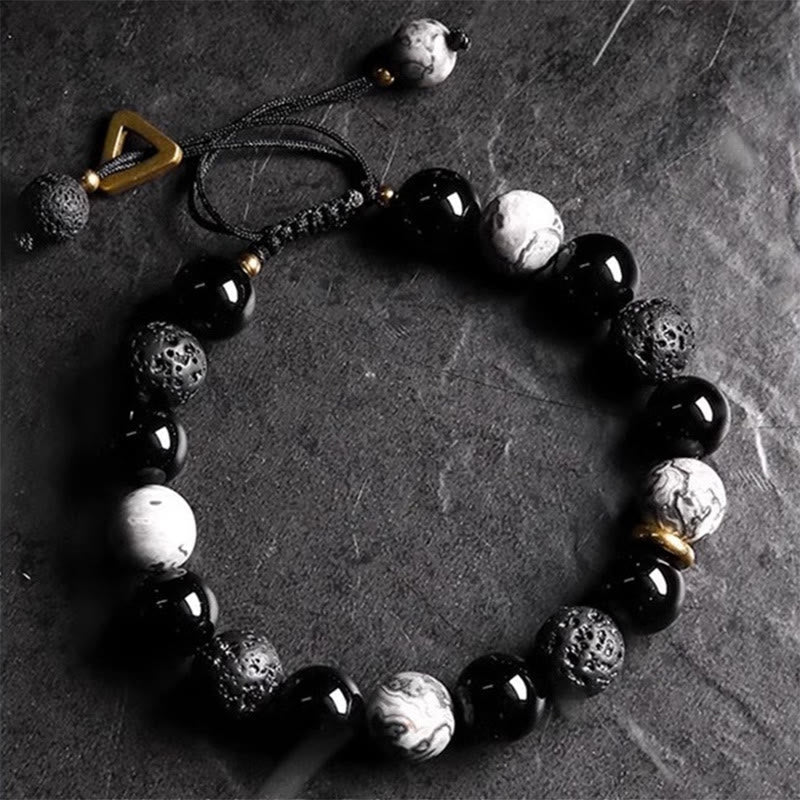 Pulsera de fuerza Yin Yang de piedra de roca de lava de obsidiana negra 