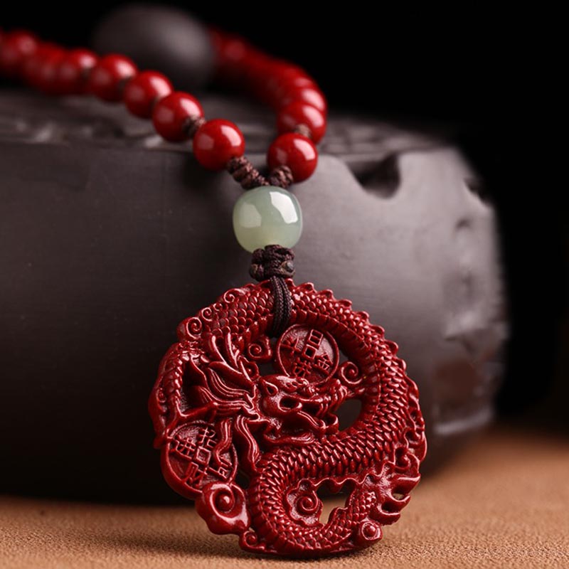 Year Of The Dragon Natural Cinnabar Hetian Jade Bead Copper Coin Attract Wealth Strength Necklace Pendant