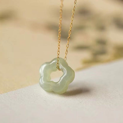 Dainty Hetian Jade Cyan Jade Luck Floral Charm Necklace Pendant