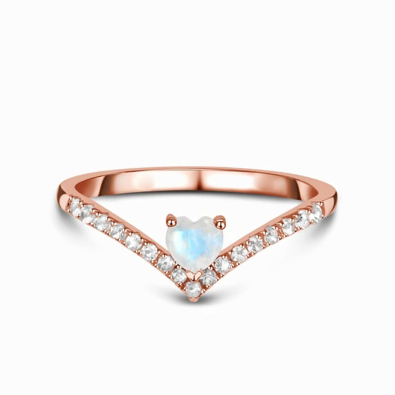 Moonstone Ring in Inverted V Style S925 Silver Heart Design