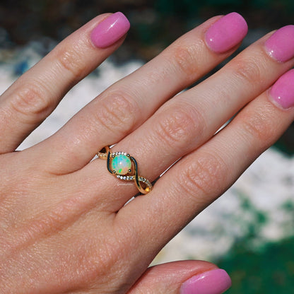 Entwined Natural Australian Opal Ring- 14K Solid Yellow Gold