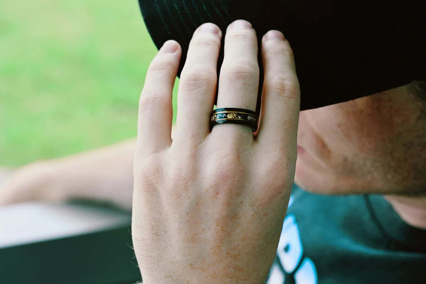 Black Onyx & Meteorite Gold Leaf Couples Ring