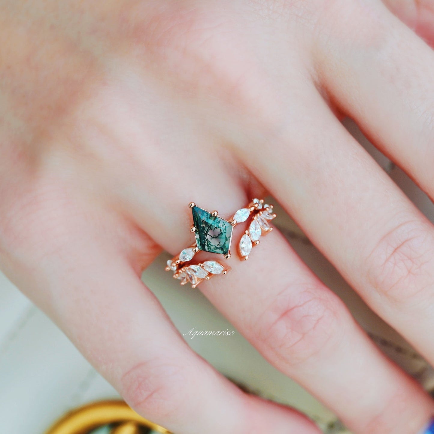 Kite Green Moss Agate Ring Set- 14K Rose Gold Vermeil