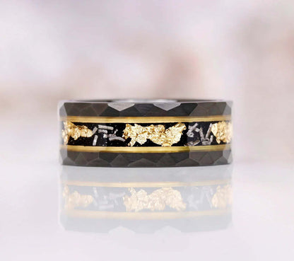 Black Onyx & Meteorite Gold Leaf Couples Ring