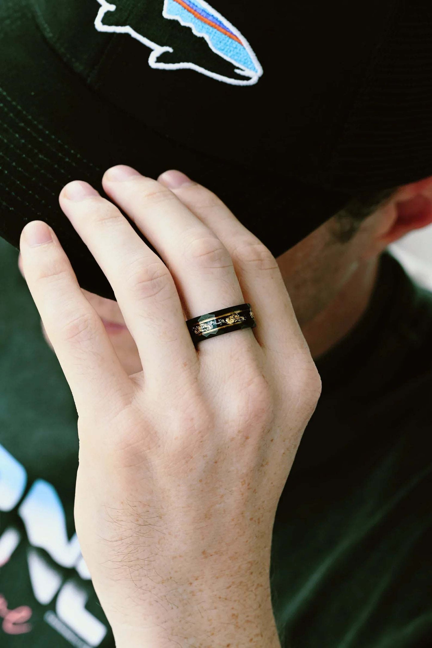 Black Onyx & Meteorite Gold Leaf Couples Ring