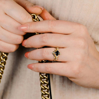 Black Onyx & Meteorite Gold Leaf Couples Ring