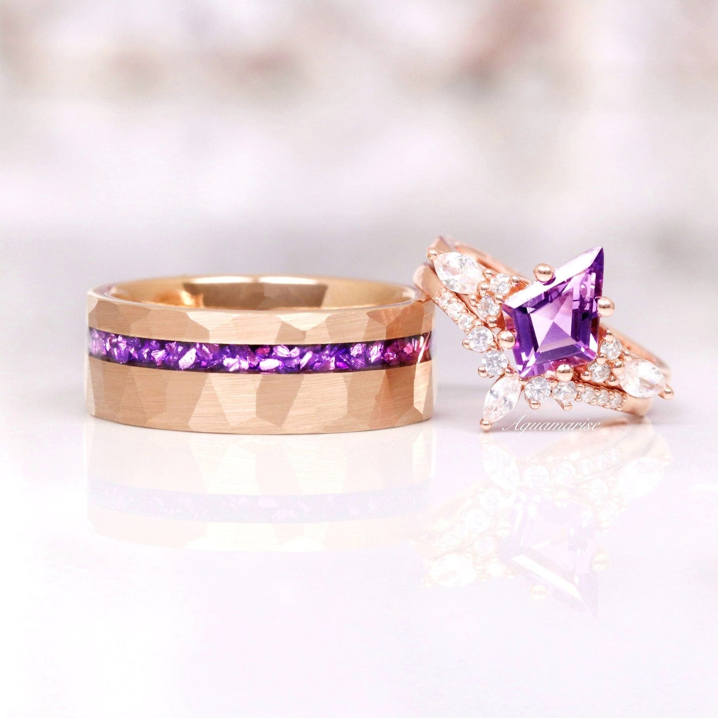 Crushed Amethyst Wedding Band- 8MM Rose Gold Tungsten