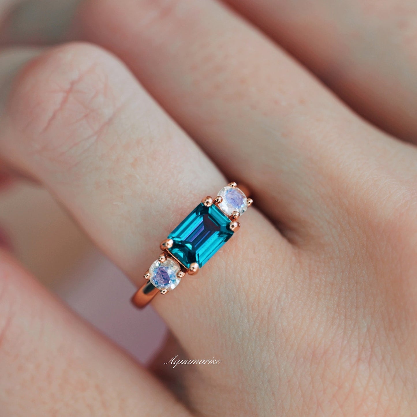 Minimalist Alexandrite & Moonstone Ring- 14K Rose Gold Vermeil