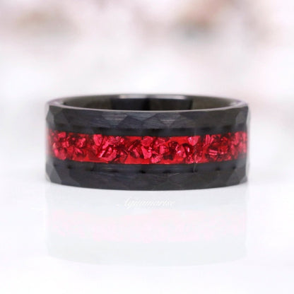 Crushed Red Garnet Wedding Band- 8MM Black Tungsten