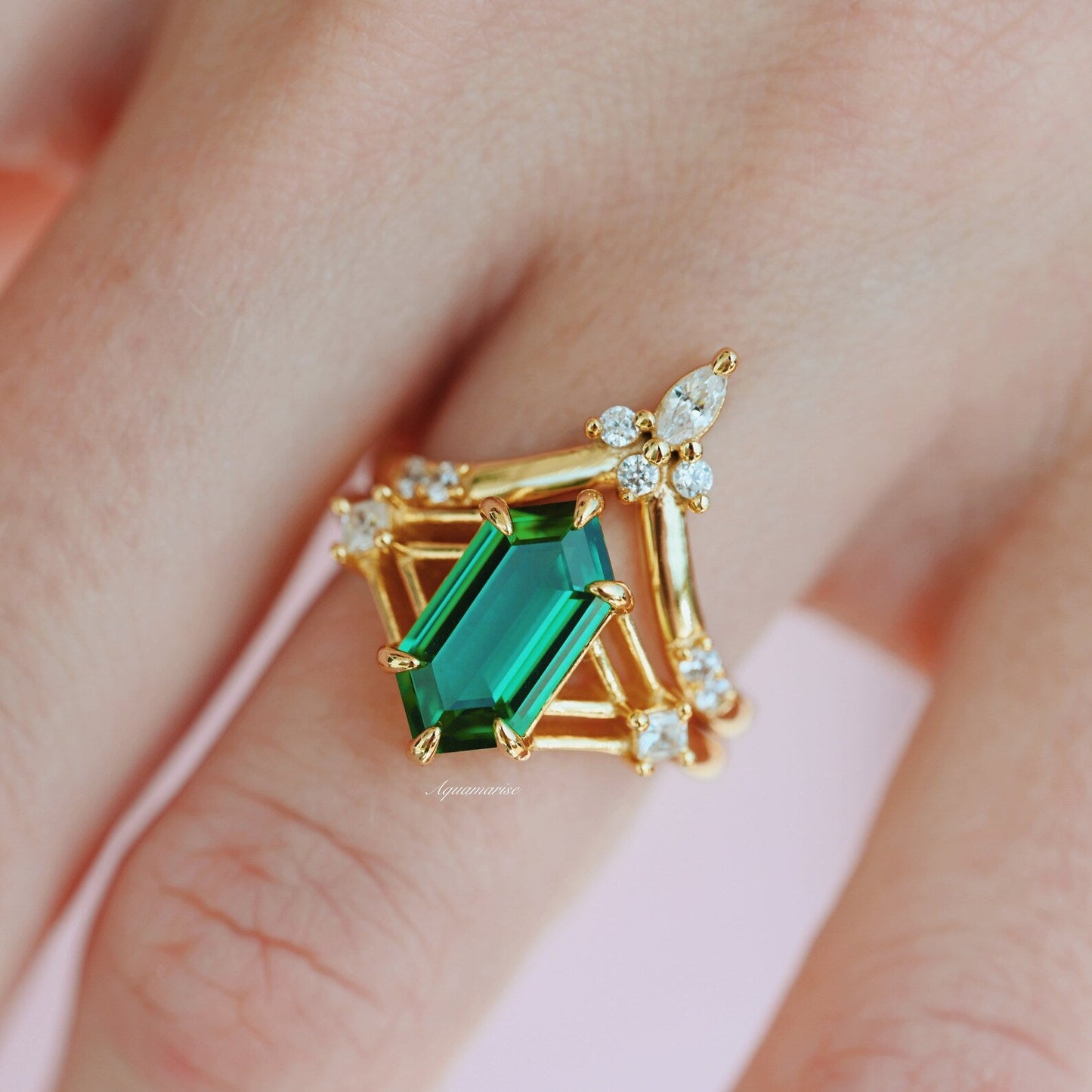 Celtic Hexagon Emerald Ring Set- 14K Yellow Gold Vermeil