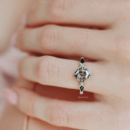 Hexagon Rutilated Quartz & Black Onyx Ring- Sterling Silver