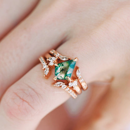 Kite Green Moss Agate 3pcs Ring Set- 14K Rose Gold Vermeil