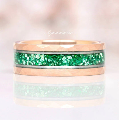 Emerald Wedding Band- 8MM Rose Gold Tungsten & Silver Strip