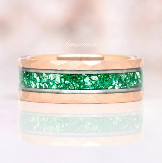 Emerald Wedding Band- 8MM Rose Gold Tungsten & Silver Strip