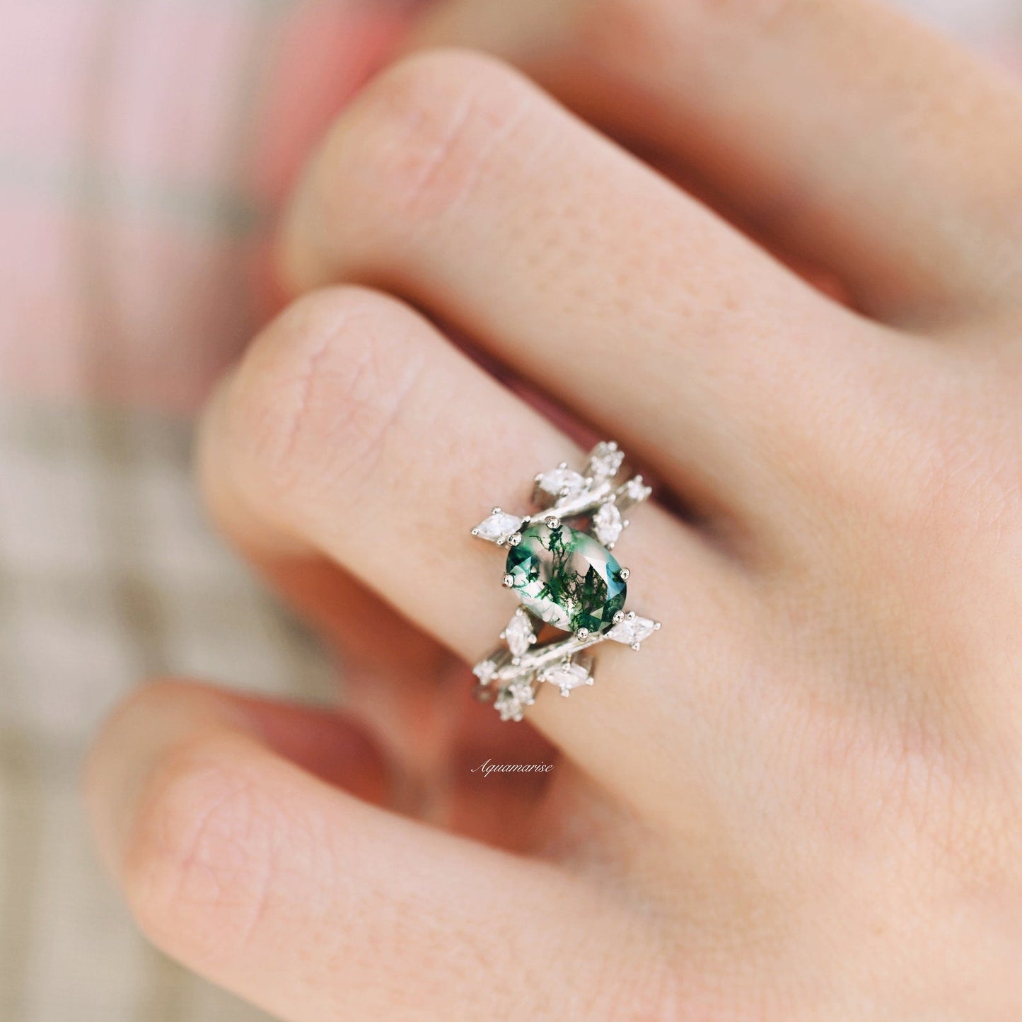 Green Moss Agate Leaf Ring- Sterling Silver