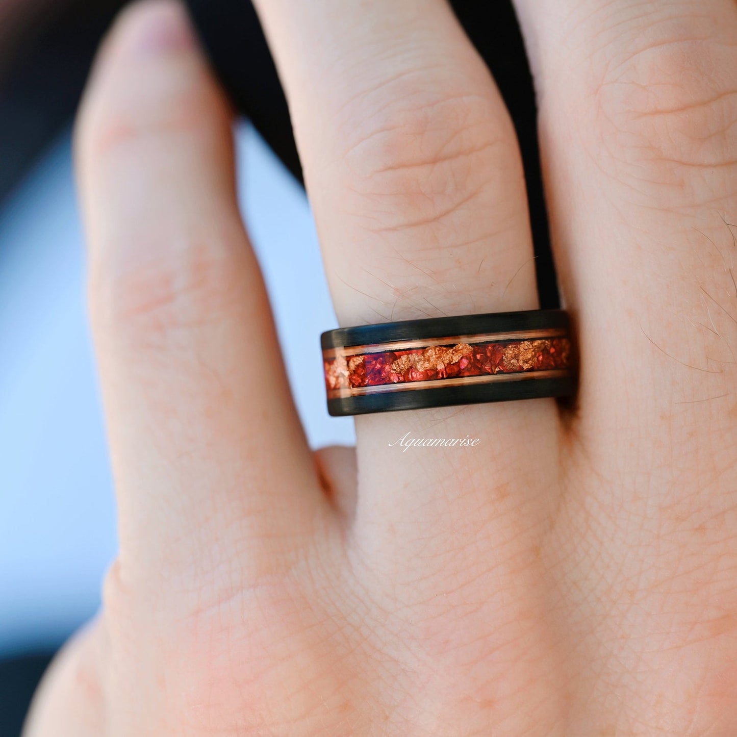 Rose Gold Leaf & Ruby Wedding Band- 8MM Black Tungsten