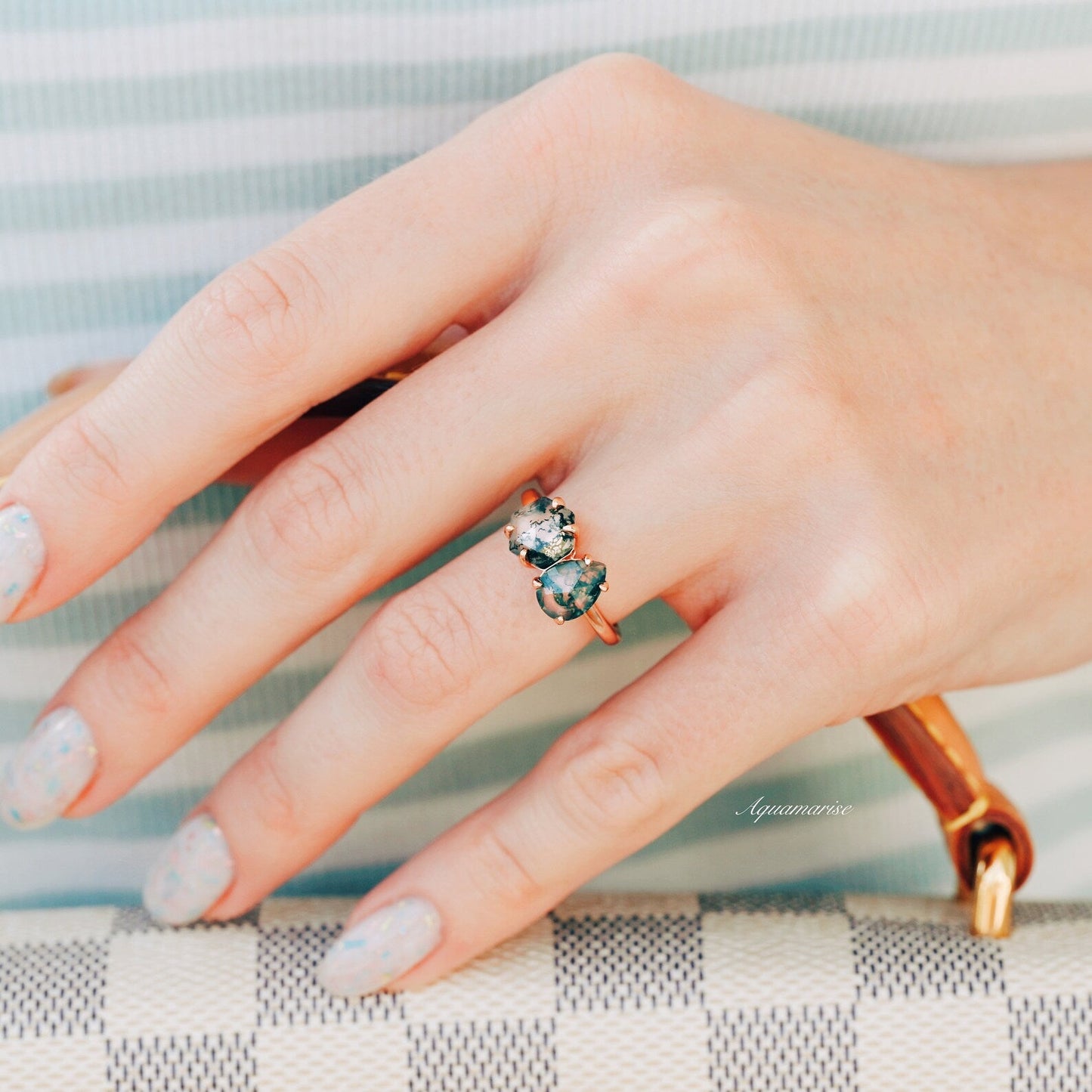 'Toi Et Moi' Green Moss Agate Ring- 14K Rose Gold Vermeil