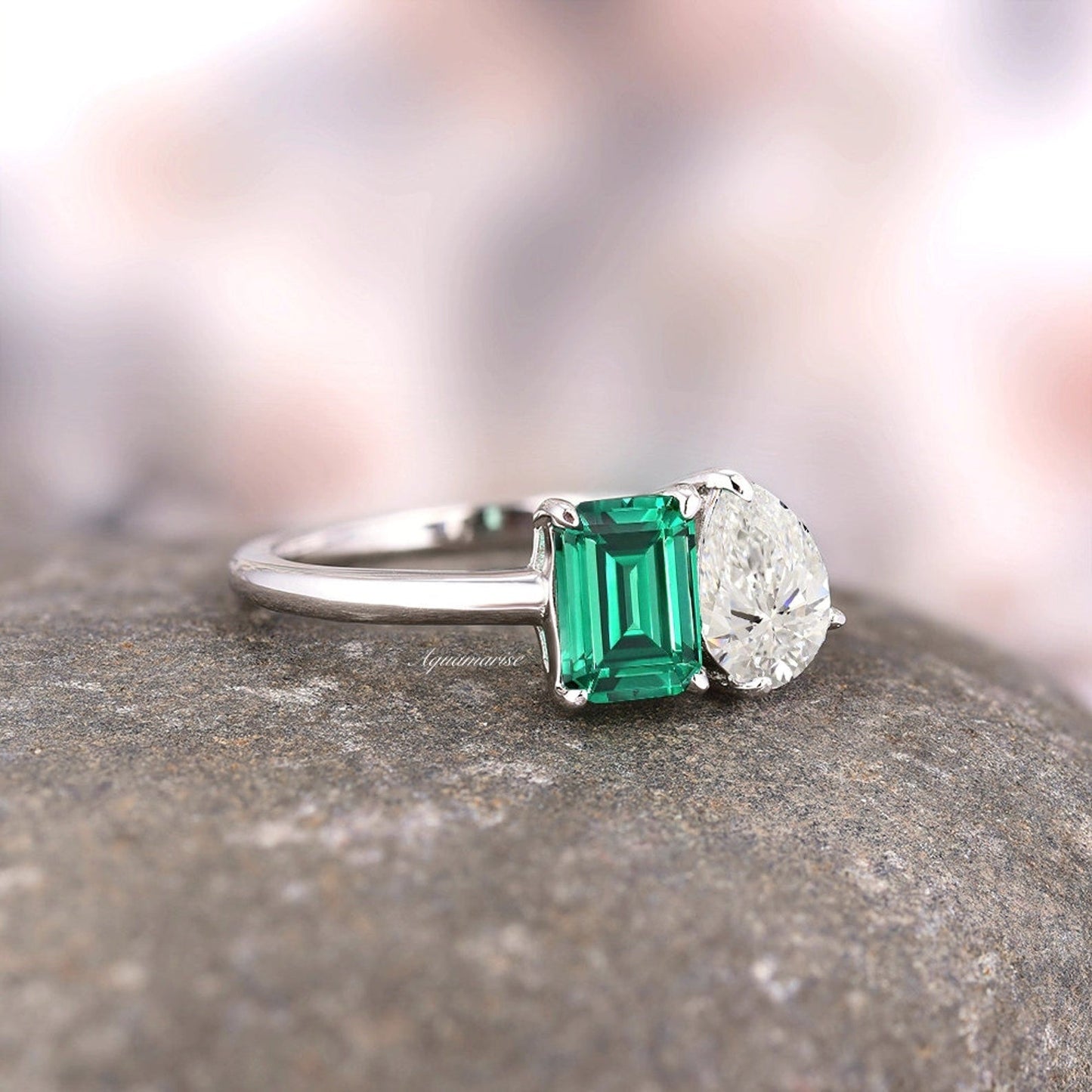 'Toi Et Moi' Minimalist Emerald & Diamond (cz) Ring- 925 Sterling Silver