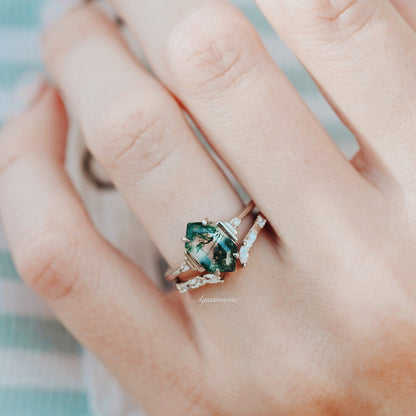 Hexagon Green Moss Agate Ring Set- 925 Sterling Silver