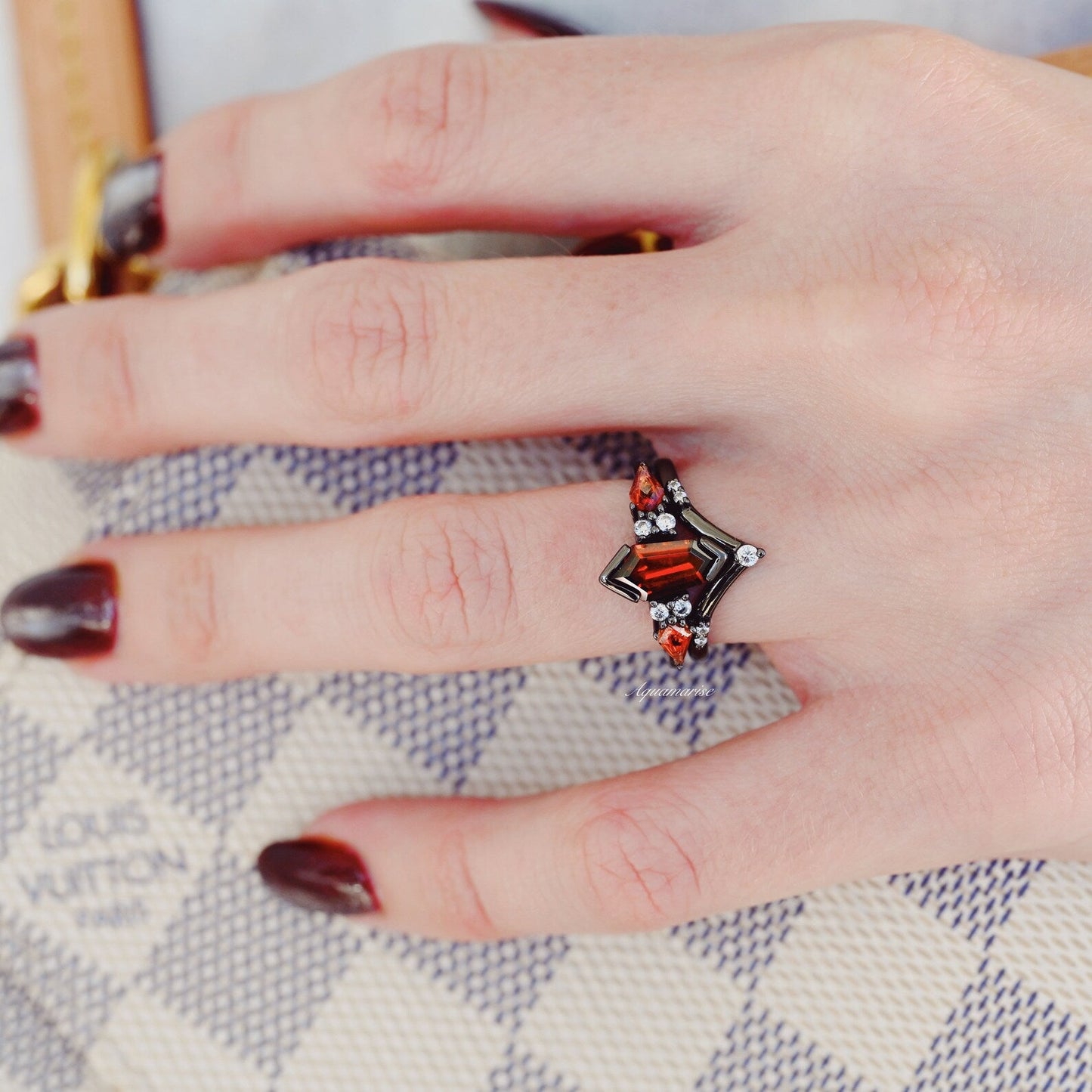 Coffin Kite Natural Red Garnet Ring Set- Black Rhodium Filled