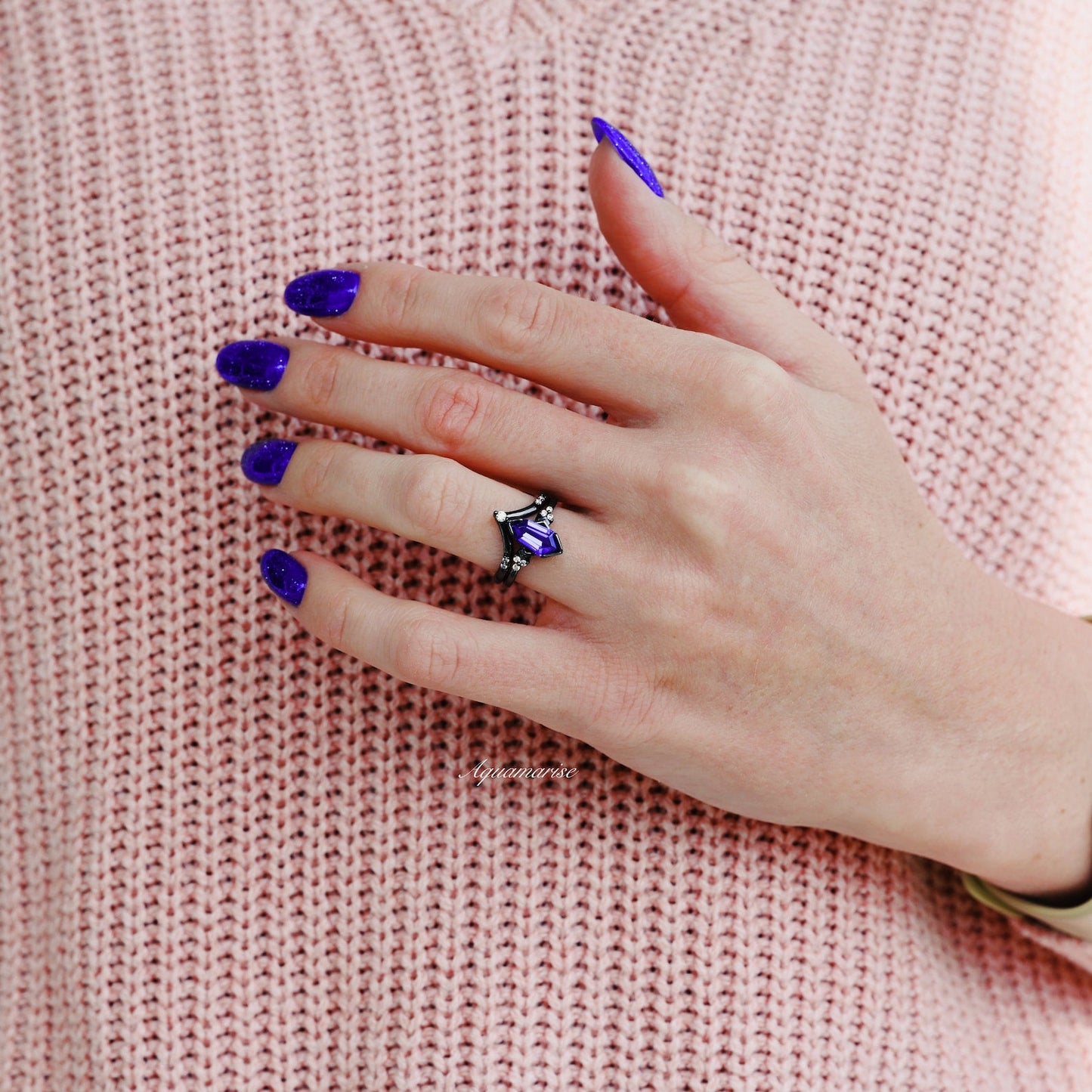 Coffin Kite Tanzanite Ring- Black Rhodium Filled