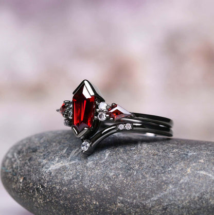 Natural Garnet & Red Fire Opal Couples Ring Set- His and Hers Matching Wedding Band