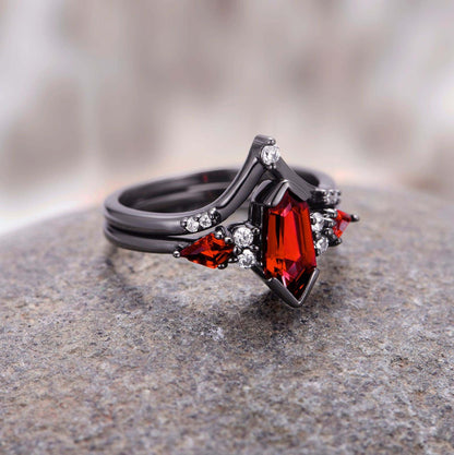 Natural Garnet & Red Fire Opal Couples Ring Set- His and Hers Matching Wedding Band