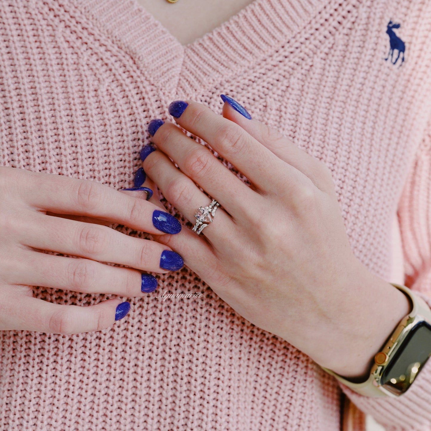 Blush Pink Teardrop Morganite Ring Set- 925 Sterling Silver