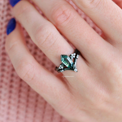 Coffin Kite Green Moss Agate Engagement Ring- Black Rhodium Filled