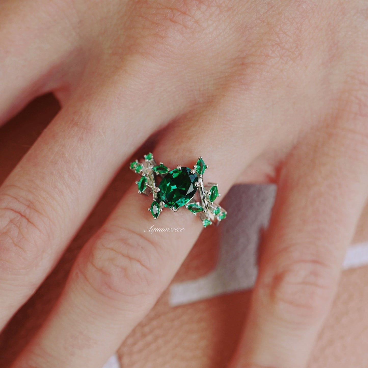 Emerald Leaf Engagement Ring- 925 Sterling Silver