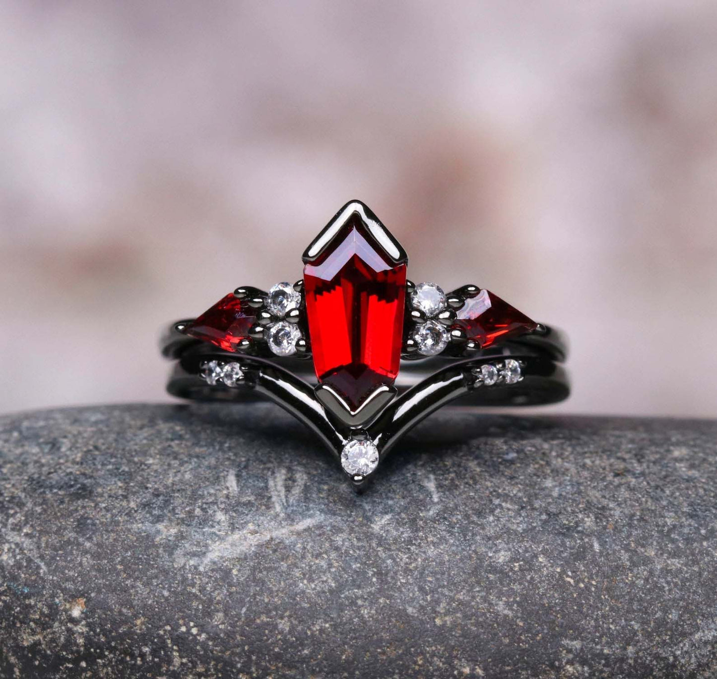 Natural Garnet & Red Fire Opal Couples Ring Set- His and Hers Matching Wedding Band