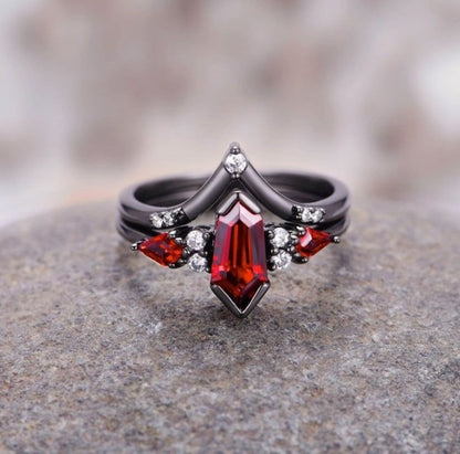 Natural Garnet & Red Fire Opal Couples Ring Set- His and Hers Matching Wedding Band