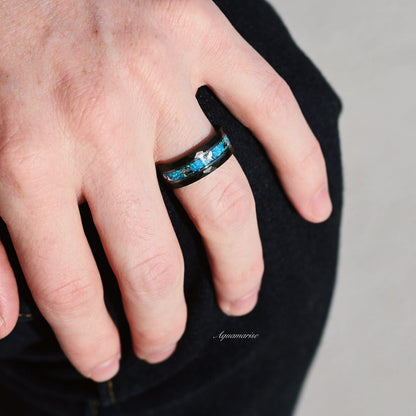 Blue Fire Opal Wedding Band- 8MM Black Tungsten