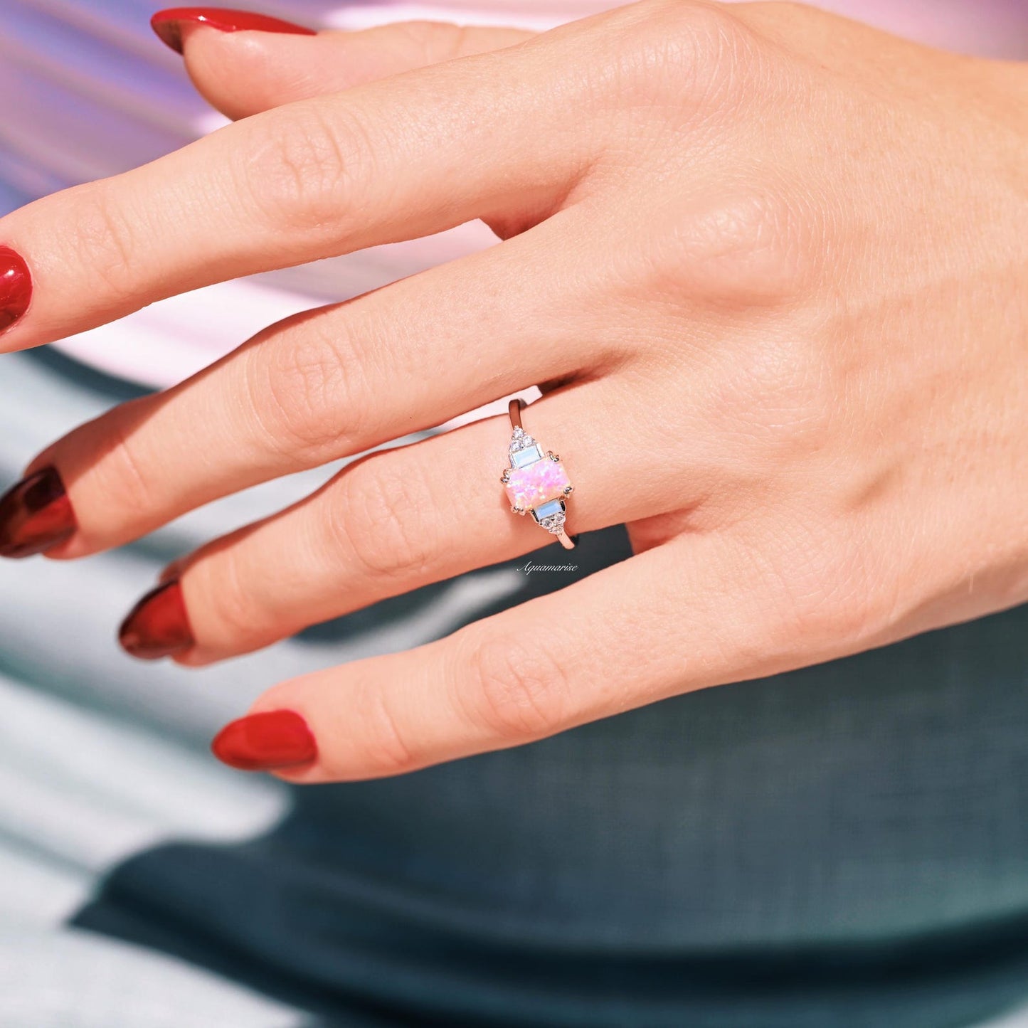 Pink Fire Opal & Opalescent Sapphire Ring- Sterling Silver