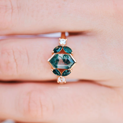 Hexagon Moss Agate Leaf Ring- 14K Rose Gold Vermeil