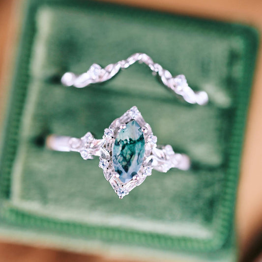 Fairy Green Moss Agate Leaf Ring Set- Sterling Silver