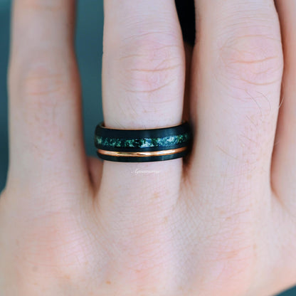 Moss Agate Wedding Band- 8MM Black & Rose Gold Tungsten