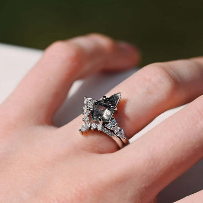 Galaxy Raw Salt and Pepper Diamond Ring- Kite Cut Diamond Engagement Ring Sets