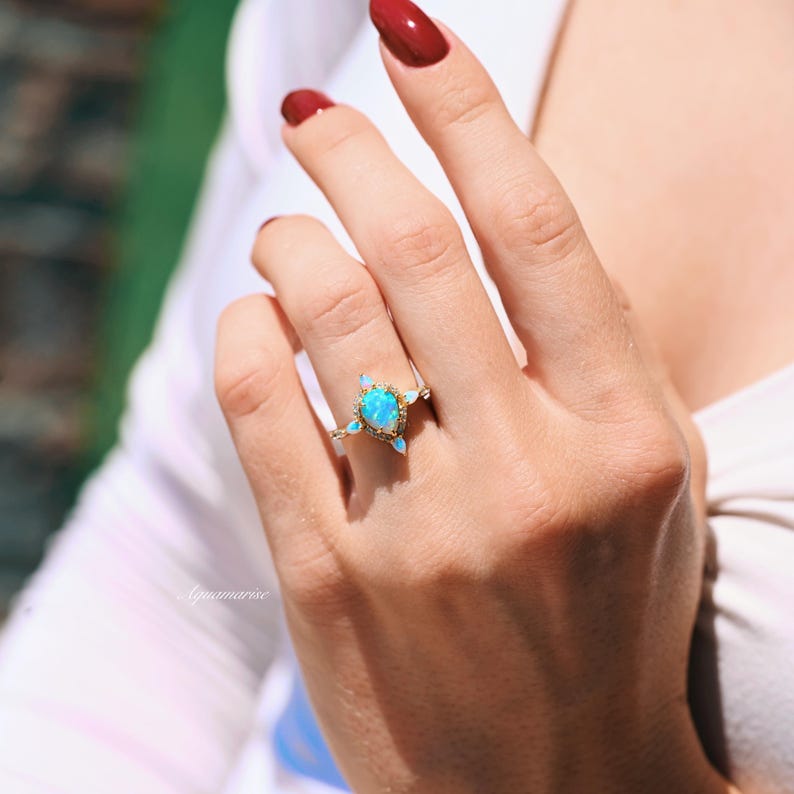 Blue Fire Opal Ring- 14K Solid Yellow Gold