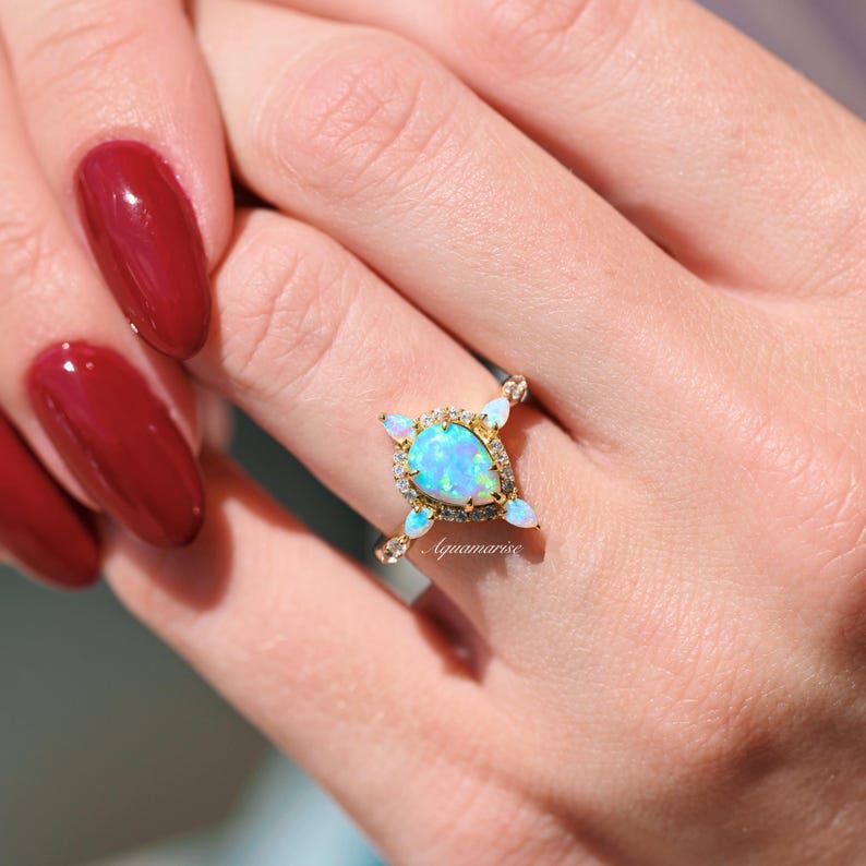 Blue Fire Opal Ring- 14K Solid Yellow Gold