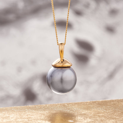 Grey Pearl Necklace With Gold Initial Disc Charm